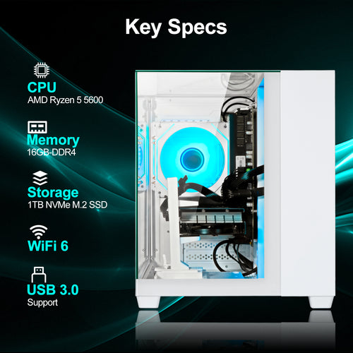 WIWB Desktop PC Computer Gaming PC: AMD Ryzen 5 5600 | RX 6500 XT 4GB | 16GB DDR4 | 1TB SSD | WiFi 6 | 1080p Esports Machine