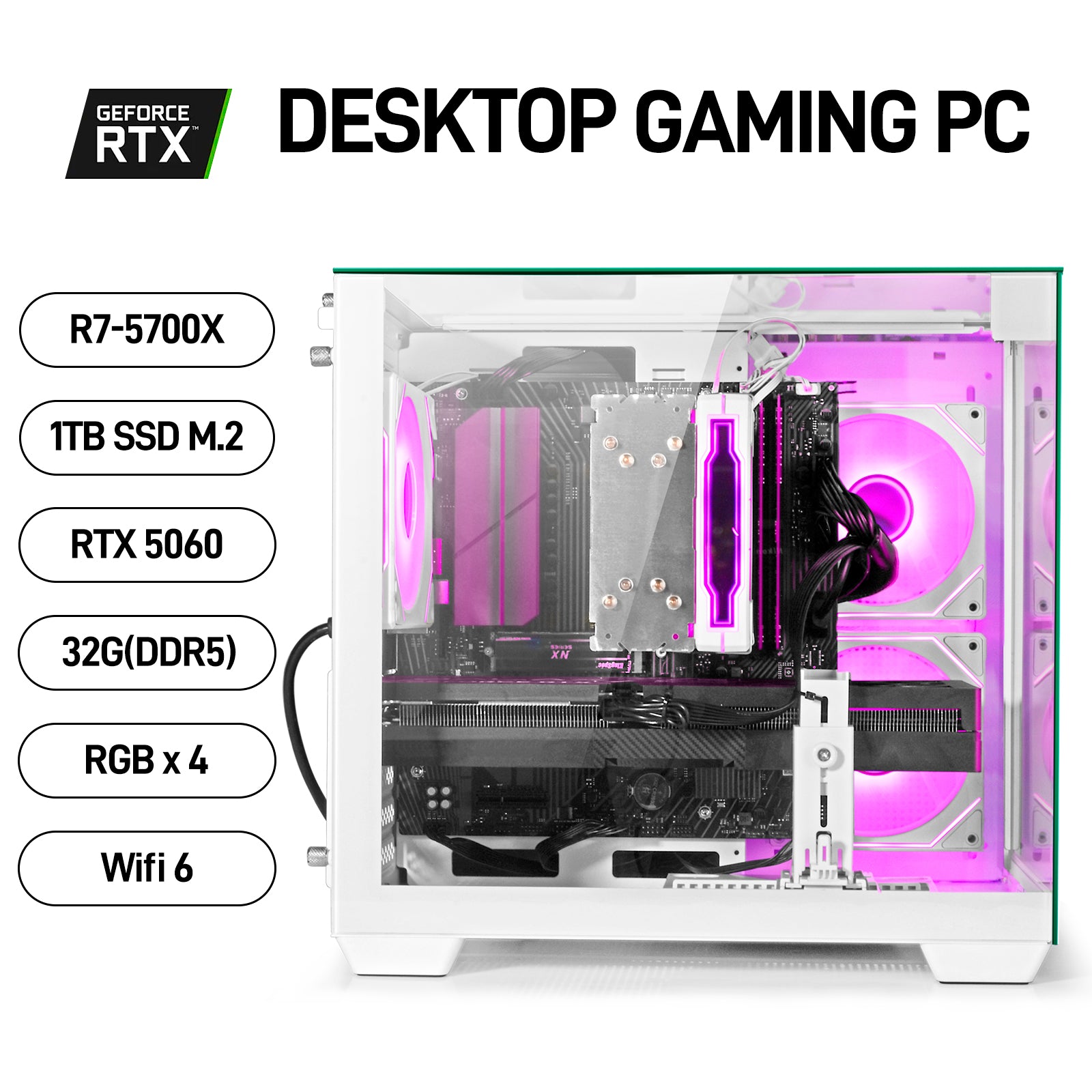 WIWB Gaming PC Desktop Ryzen 7 5700X, RTX 5060 8GB GDDR6, 32GB DDR4 RAM, 1TB NVMe SSD, WiFi 6
