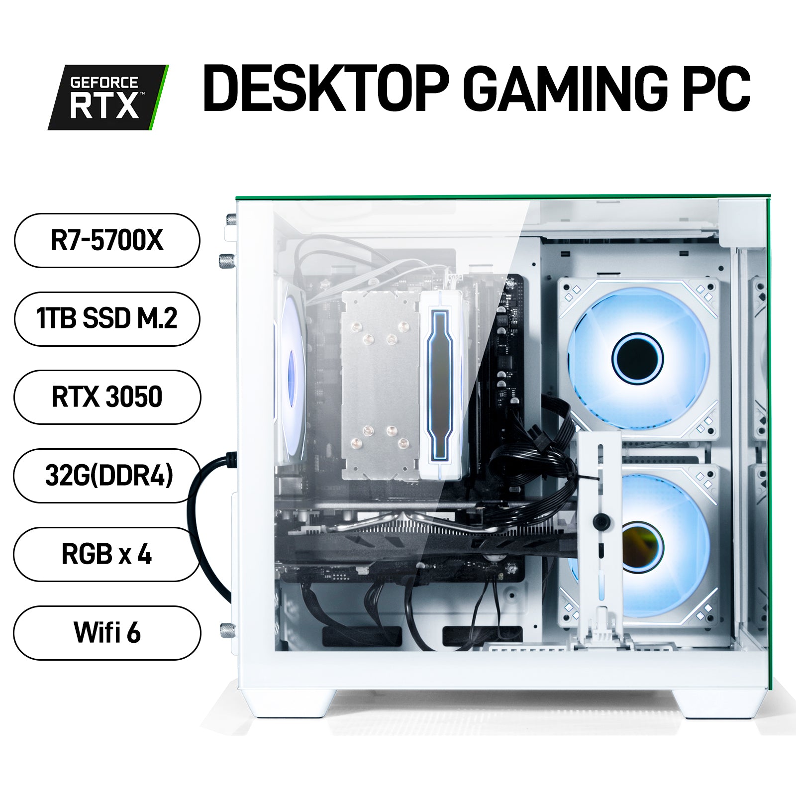 WIWB Gaming PC Desktop - AMD Ryzen 7 5700X, GeForce RTX 3050 6GB, 32GB DDR4, 1TB NVMe SSD, WiFi 6
