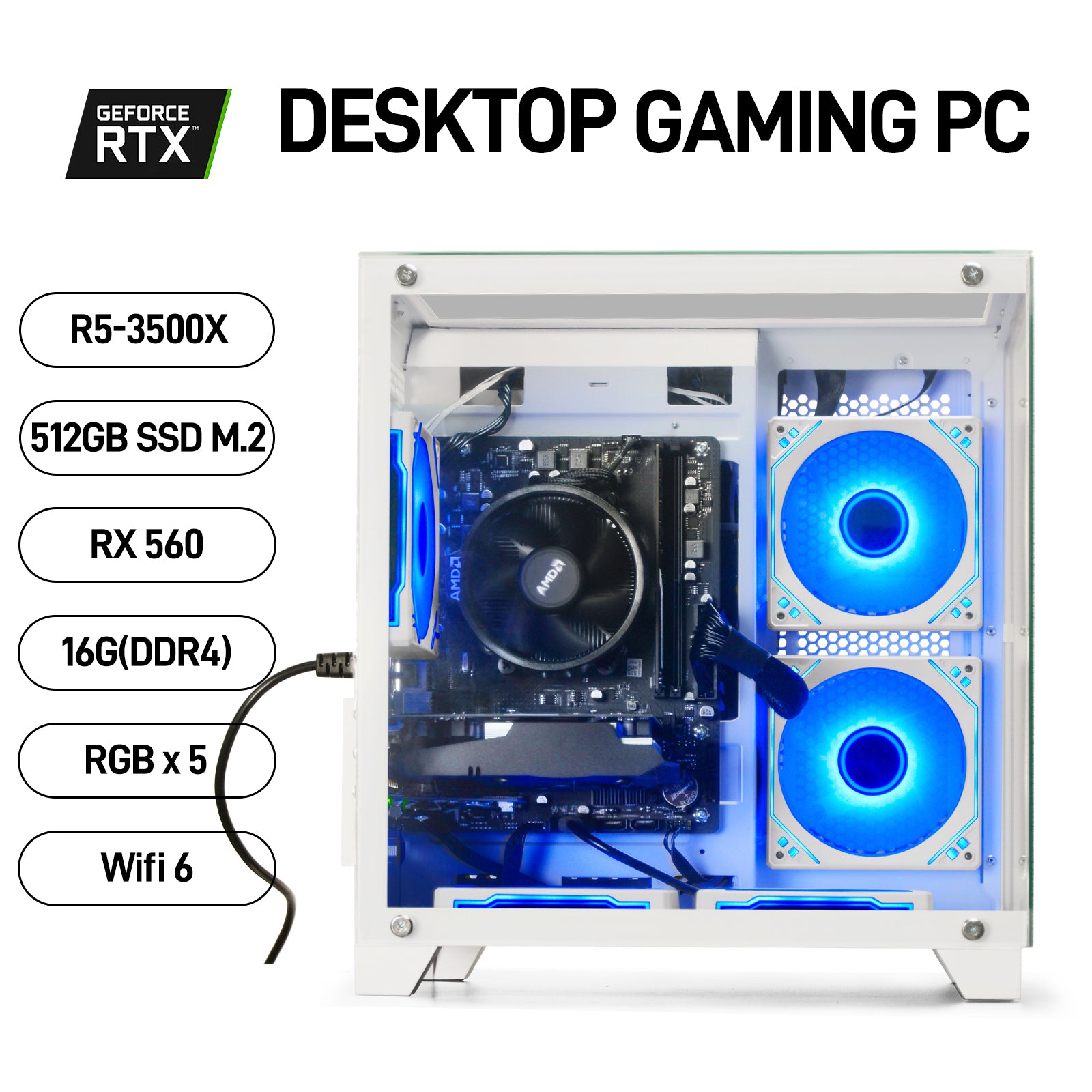 WIWB Prebuilt Gaming PC Desktop | Ryzen 5 6Cores 3.6G Up to 4.1G | RX 560 4G Graphics Card | 16G DDR4 RAM | 512G SSD | Wi-Fi 6 | Tower Computer White