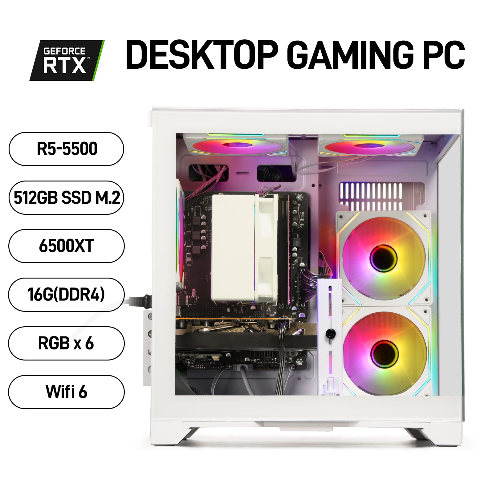 Gaming PC Desktop Computer - Ryzen 5 5500, Radeon RX 6500XT 4GB, 16GB DDR4 RAM, 512GB NVME SSD, Prebuilt Tower for 1080P Gaming, Streaming, School & Home Office (White)