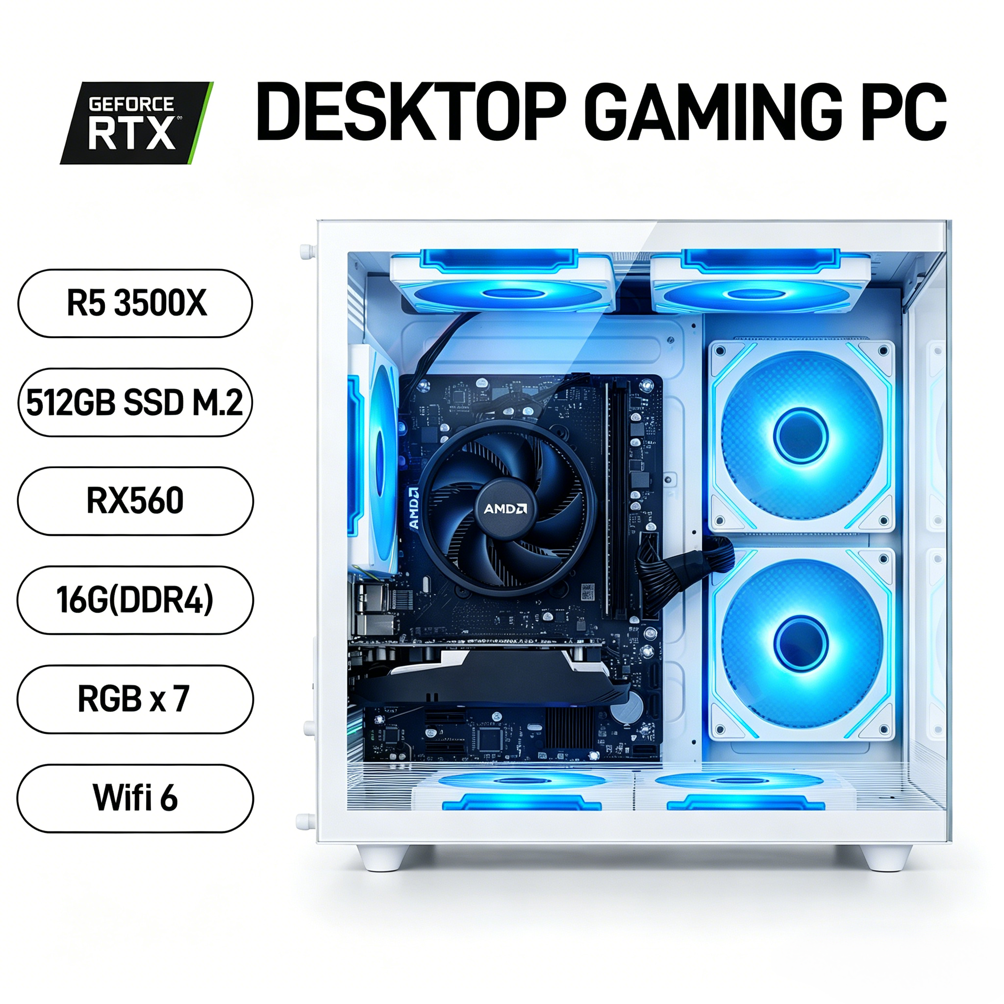 WIWB Prebuilt Gaming PC Desktop | Ryzen 5 6Cores 3.6G Up to 4.1G | RX 560 4G Graphics Card | 16G DDR4 RAM | 512G SSD | Wi-Fi 6 | Tower Computer White