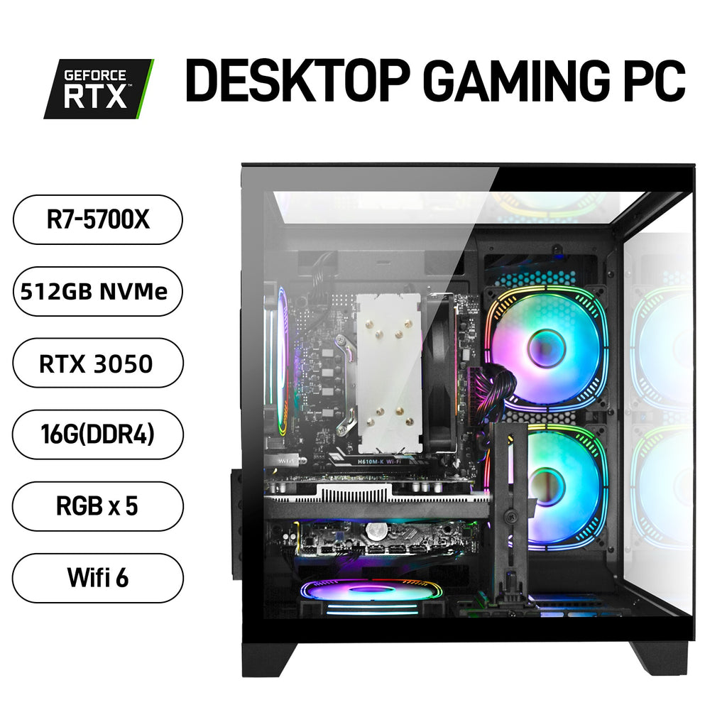 WIWB Gaming PC Desktop, Ryzen 7 5700X, 32GB DDR4, RTX 5060 8GB, 1TB NVMe SSD, WiFi 6