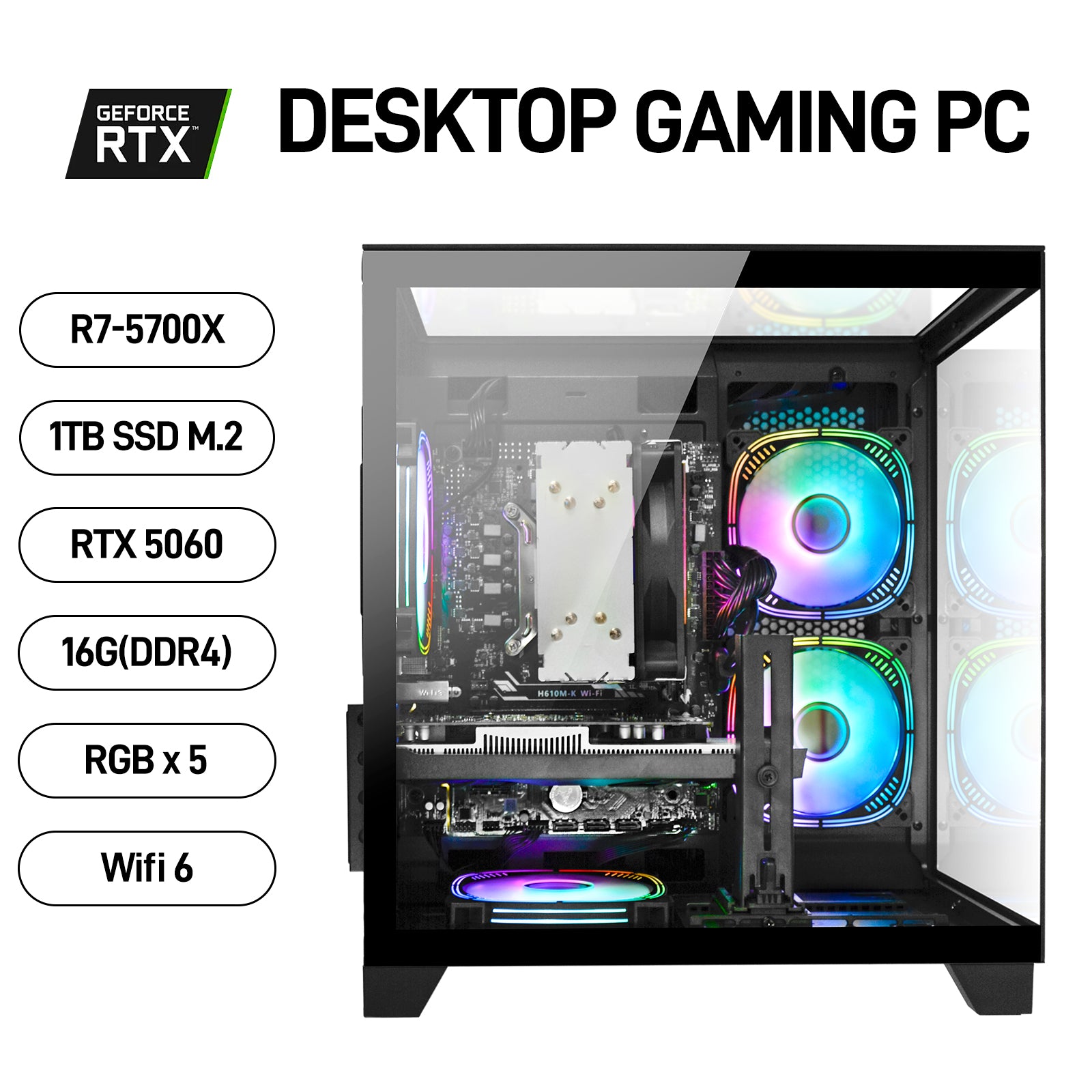 WIWB Gaming PC Desktop, Ryzen 7 5700X, 32GB DDR4, RTX 5060 8GB, 1TB NVMe SSD, WiFi 6