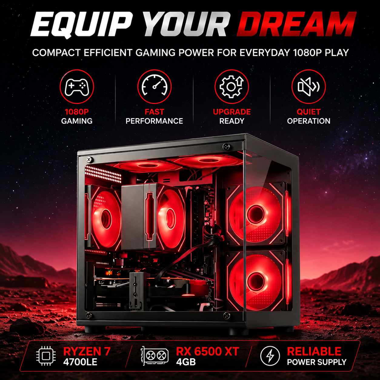 WIWB Gaming PC Desktop Computer, Ryzen 7 4700LE Processor, 16GB DDR4 RAM, 512GB SSD, RX 6500 XT 4GB Graphics, A520 Motherboard, Performance Gaming Computer