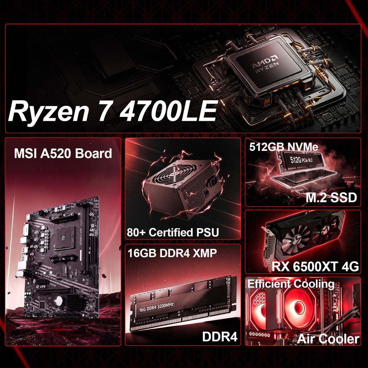 WIWB Gaming PC Desktop Computer, Ryzen 7 4700LE Processor, 16GB DDR4 RAM, 512GB SSD, RX 6500 XT 4GB Graphics, A520 Motherboard, Performance Gaming Computer