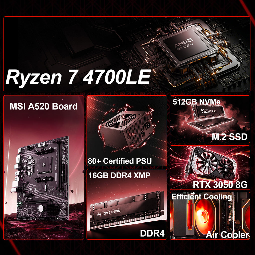 WIWB Gaming Desktop PC, Ryzen 7 4700LE, GeForce RTX 3050 8GB, 16GB DDR4 RAM, 512GB SSD, A520