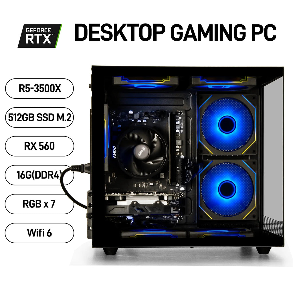 WIWB Gaming Desktop PC, AMD Ryzen 5 3500X, 16GB RAM, 512GB SSD, RX560 4G, WiFi6,Black