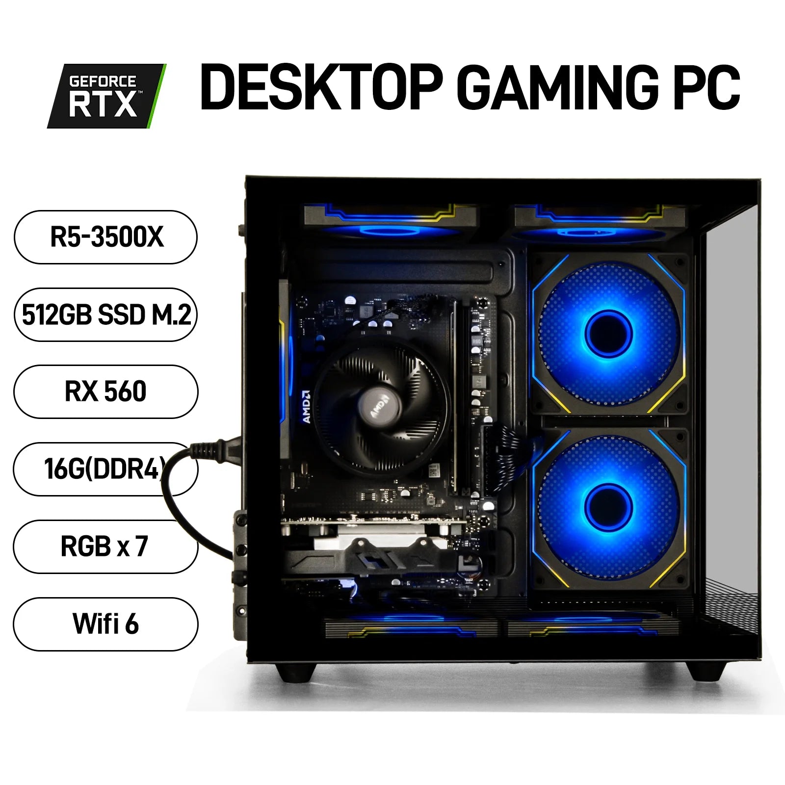 WIWB Gaming Desktop PC, AMD Ryzen 5 3500X, 16GB RAM, 512GB SSD, RX560 4G, WiFi6,Black