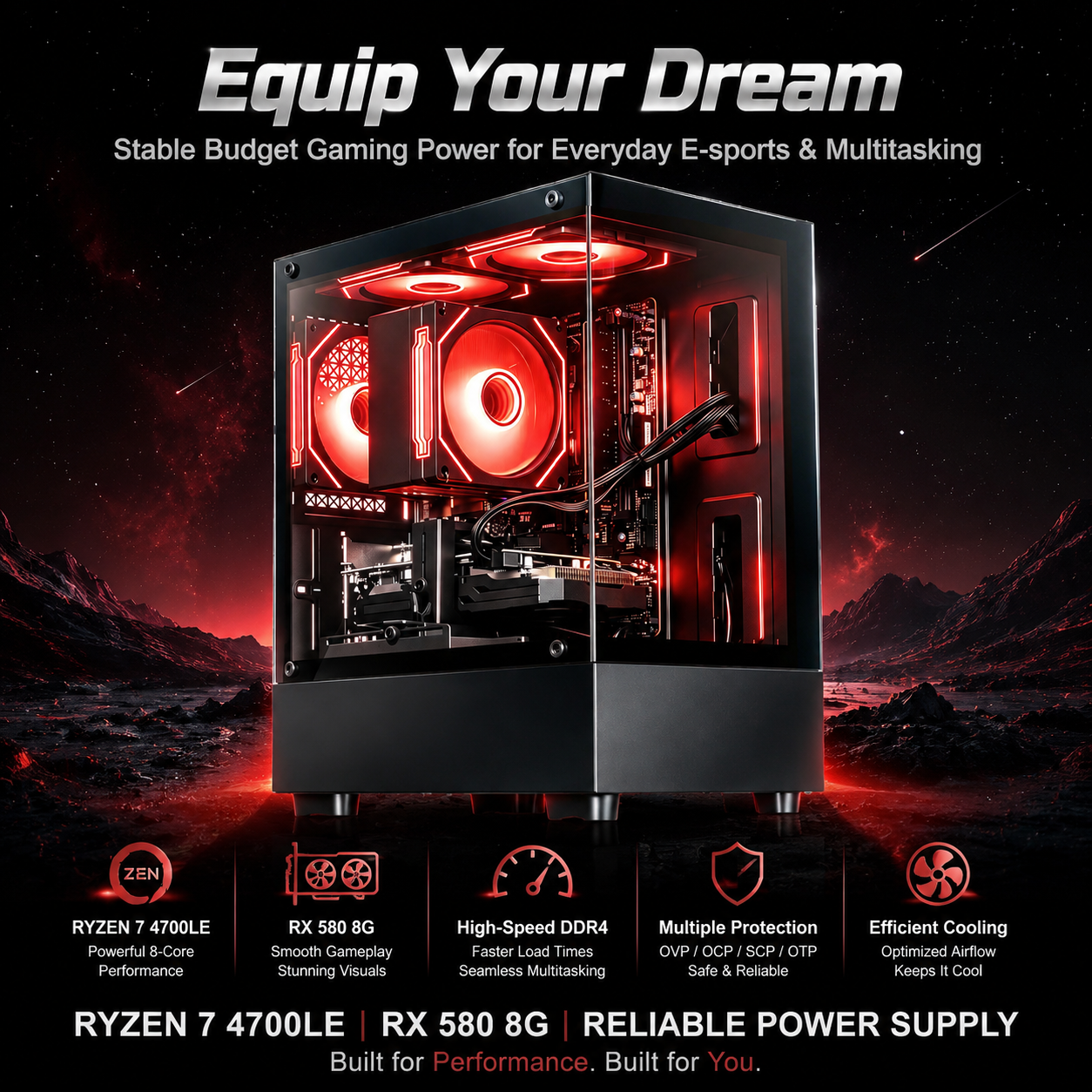 WIWB Gaming PC Desktop, Ryzen 7 4700LE, RX 580 8GB, 16GB DDR4 XMP RAM, 512GB SSD, MSI A520
