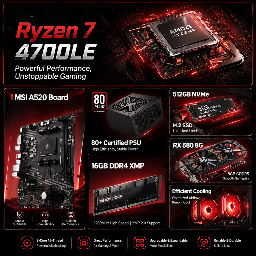 WIWB Gaming PC Desktop, Ryzen 7 4700LE, RX 580 8GB, 16GB DDR4 XMP RAM, 512GB SSD, MSI A520