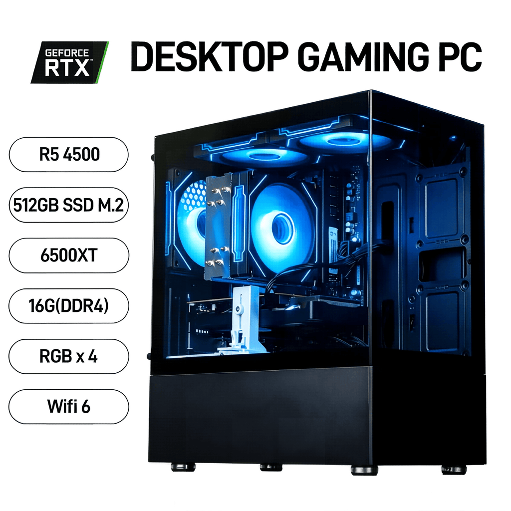 WIWB Gaming Desktop PC, R5-4500 RX 6500 XT 16GB DDR4 RAM, 512GB SSD Black