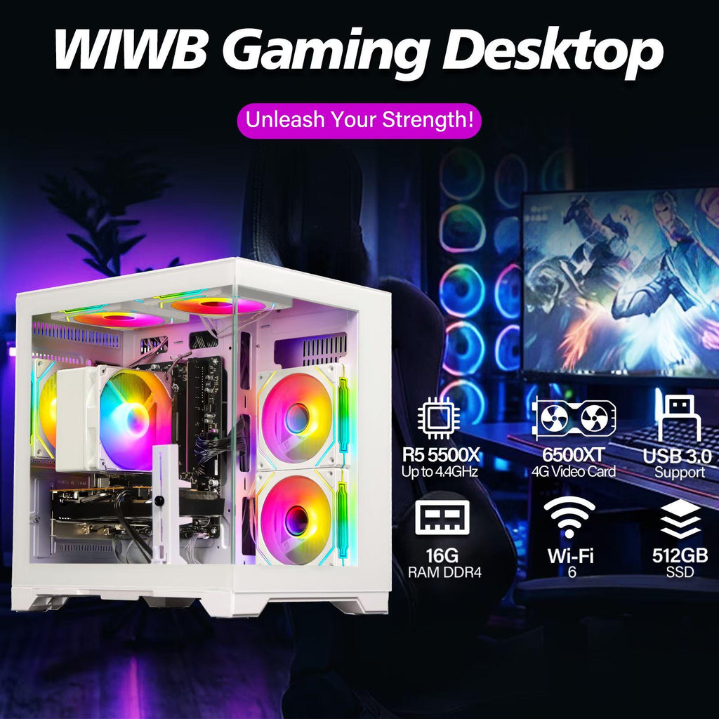 WIWB Gaming PC, Ryzen 5 5500, RX 6500 XT 4GB, 16GB DDR4, 512GB SSD, WiFi 6, White