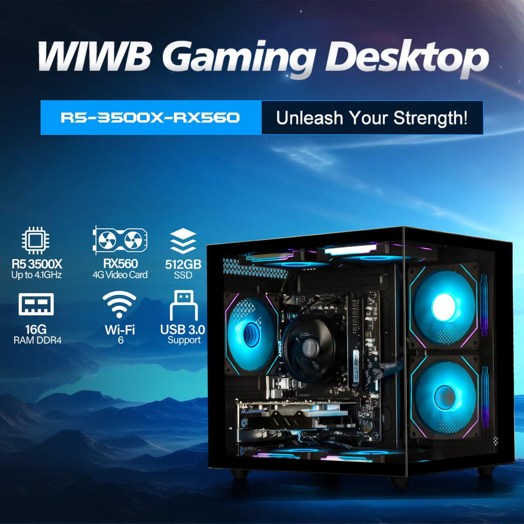 WIWB Gaming Desktop PC, AMD Ryzen 5 3500X, 16GB RAM, 512GB SSD, RX560 4G, WiFi6,Black