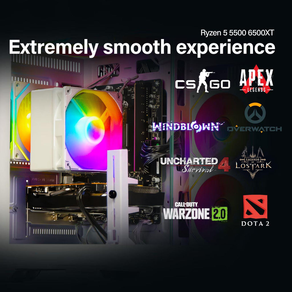 WIWB Gaming PC, Ryzen 5 5500, RX 6500 XT 4GB, 16GB DDR4, 512GB SSD, WiFi 6, White